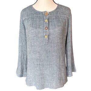 Soft Surroundings Blue 100% Linen Crinkle Gauze Mixed Button Henley Tunic Top XS